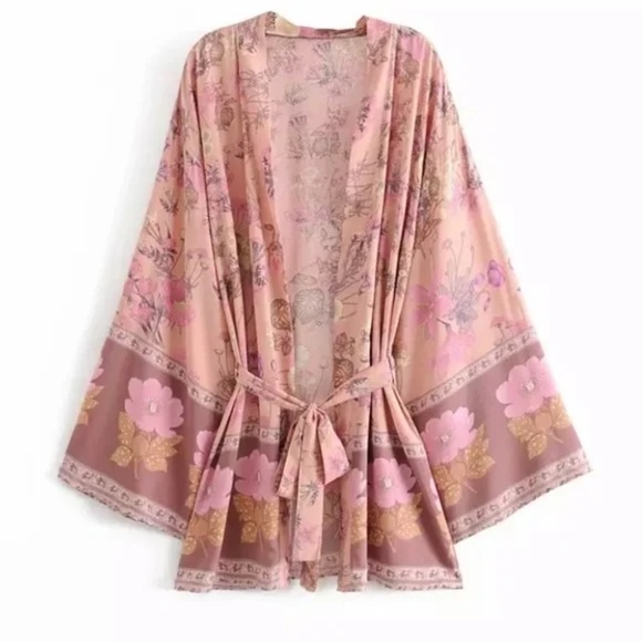 Pink Festival Bohemian Flower Floral Boho Printed Short Kimono Robe Tunic Wrap - Picture 1 of 14